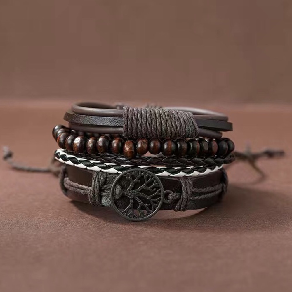 👩🏼🎤Men’s Brown Braided Wrap Leather Bracelet Set - Picture 3 of 5